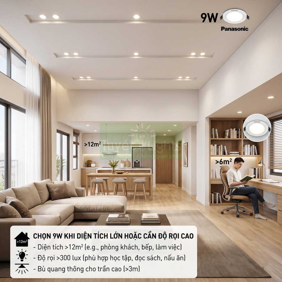 Đèn LED âm trần Panasonic 9W chiếu sáng phòng khách và góc làm việc hiện đại