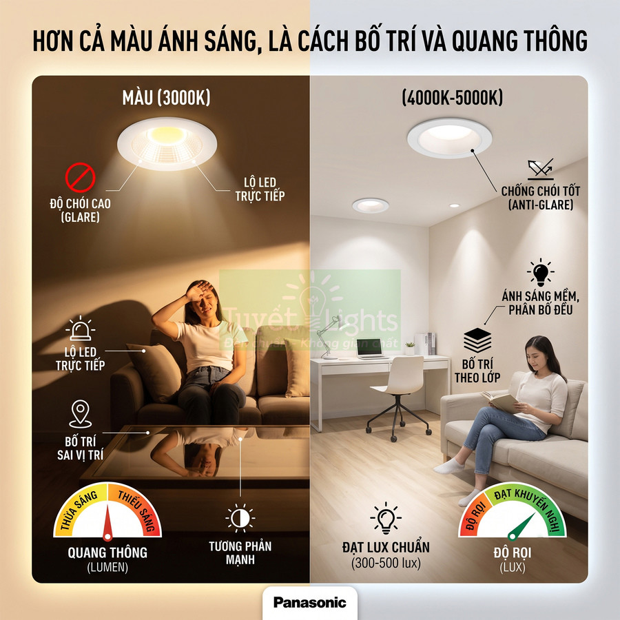 Đèn âm trần Panasonic chống chói ánh sáng trắng trung tính cho phòng khách và góc làm việc hiện đại