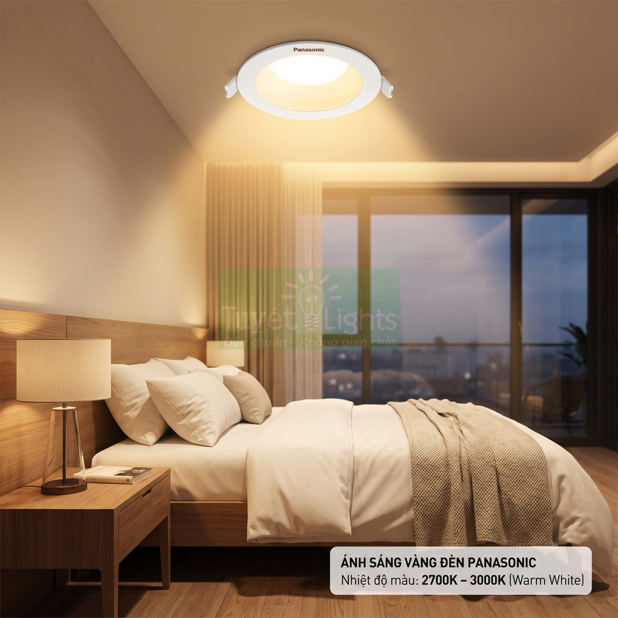 Đèn led âm trần Panasonic ánh sáng vàng 2700K 3000K lắp trong phòng ngủ hiện đại