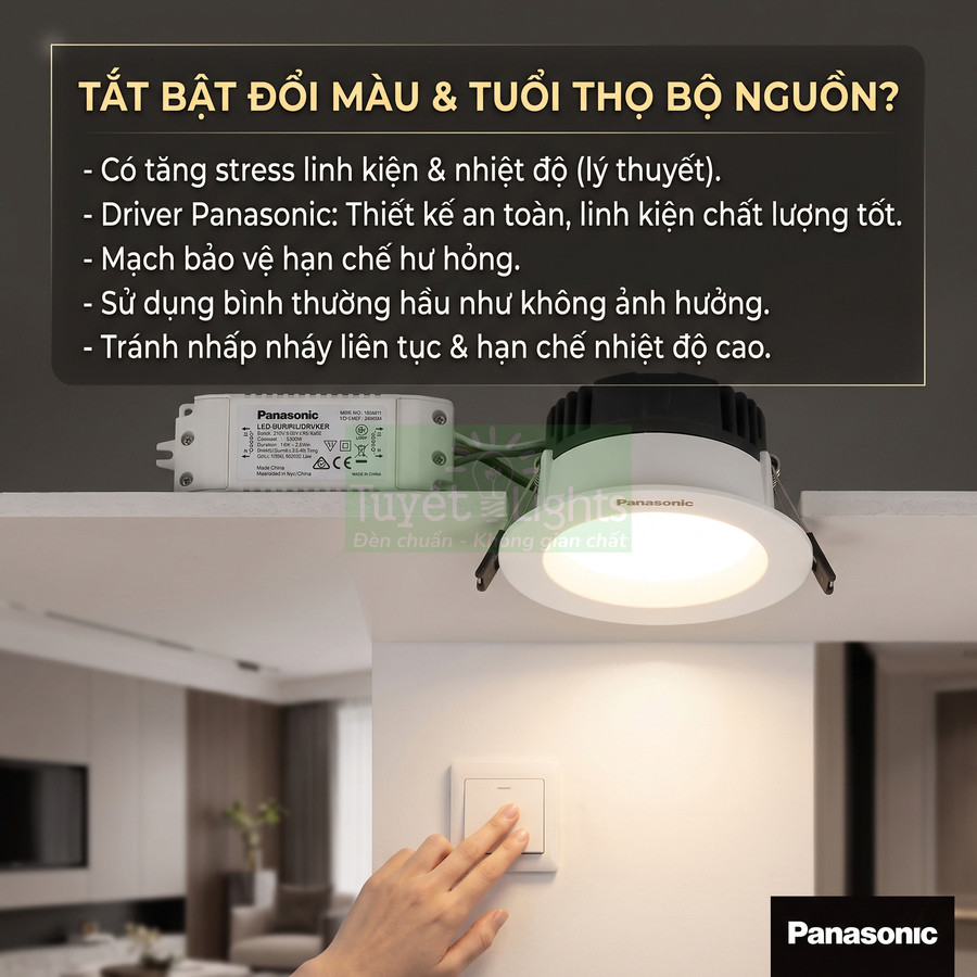 Đèn LED âm trần Panasonic và bộ nguồn, người dùng bật công tắc trong phòng khách hiện đại