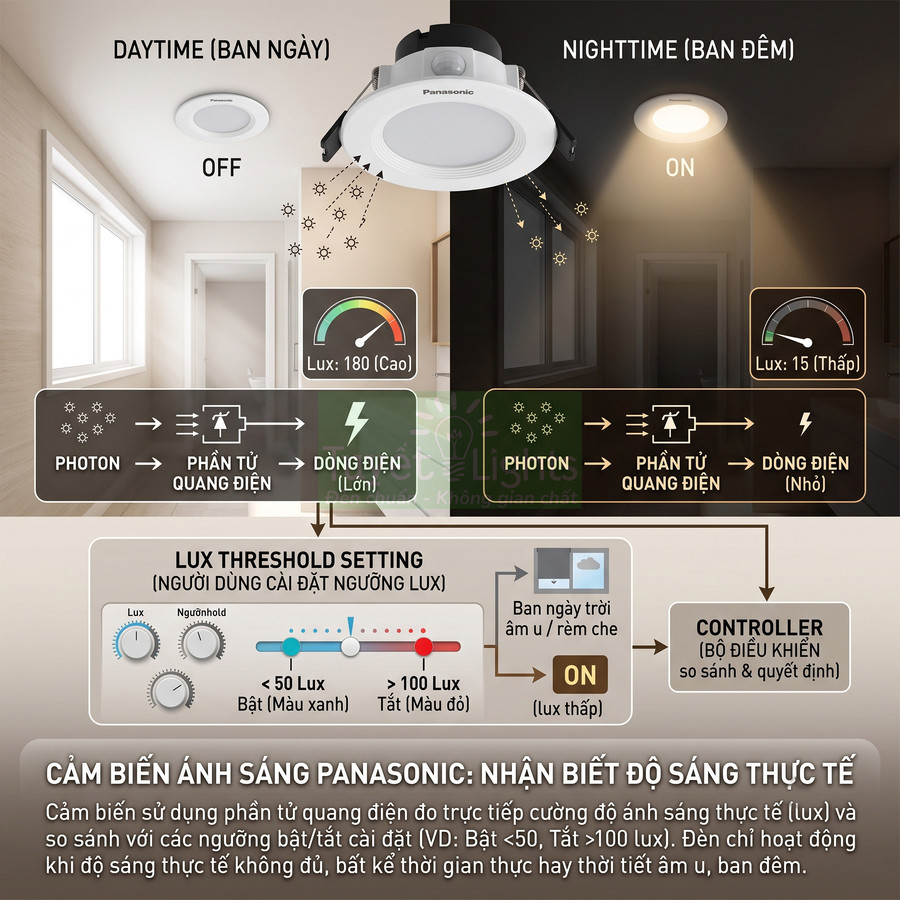 Đèn âm trần Panasonic cảm biến ánh sáng tự động bật tắt theo độ sáng ban ngày ban đêm