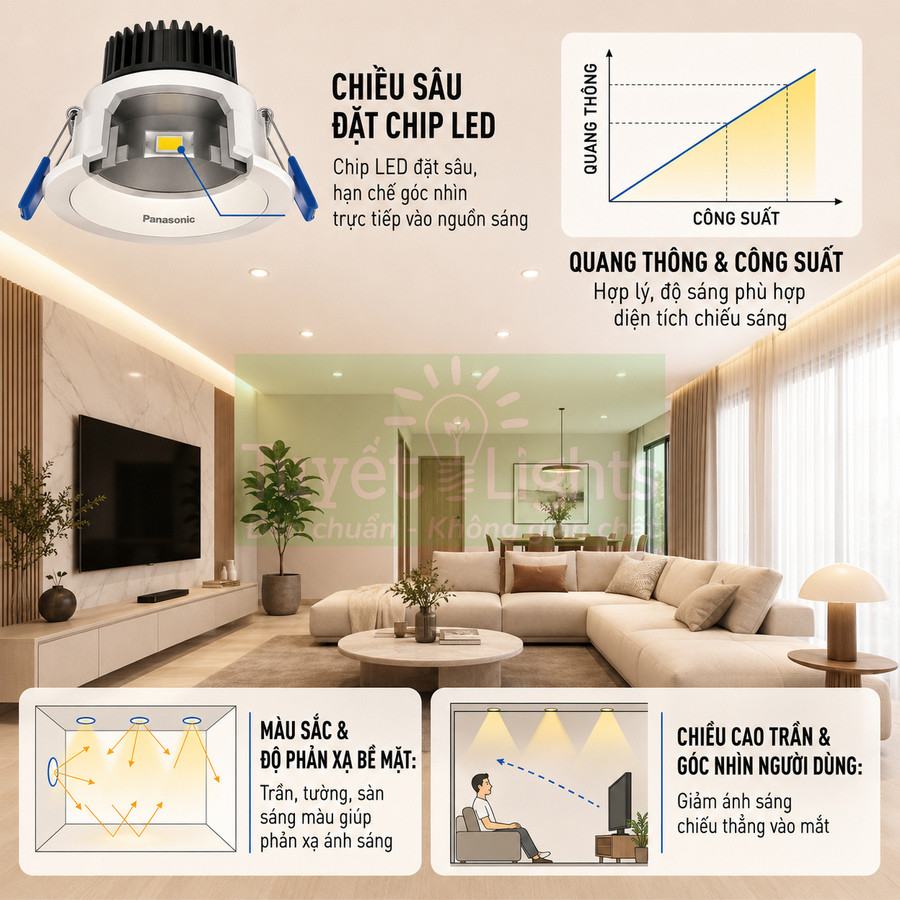 Đèn downlight âm trần Panasonic chiếu sáng phòng khách hiện đại với ánh sáng dịu và phân bổ đều