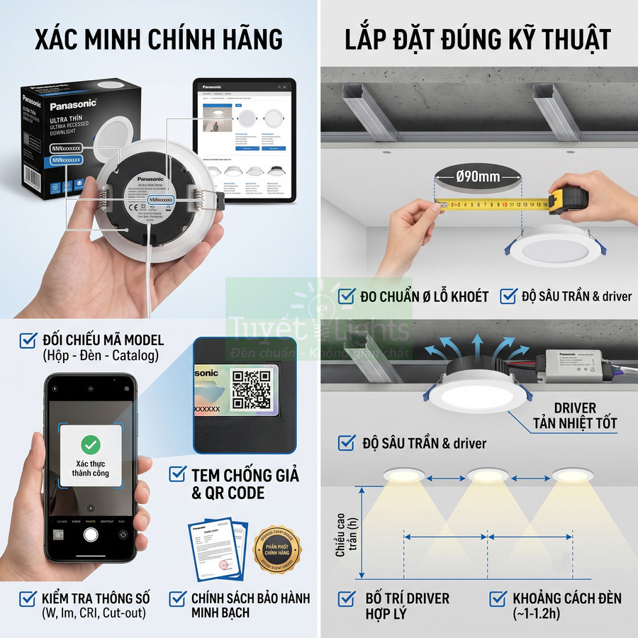 Đèn LED âm trần Panasonic chính hãng kèm hướng dẫn kiểm tra mã QR và lắp đặt đúng kỹ thuật