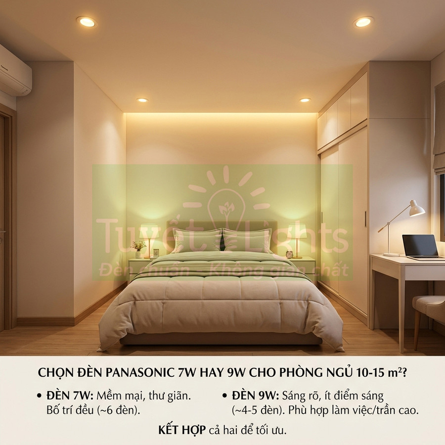 Phòng ngủ hiện đại sử dụng đèn LED âm trần Panasonic 7W và 9W cho không gian ấm áp, thư giãn