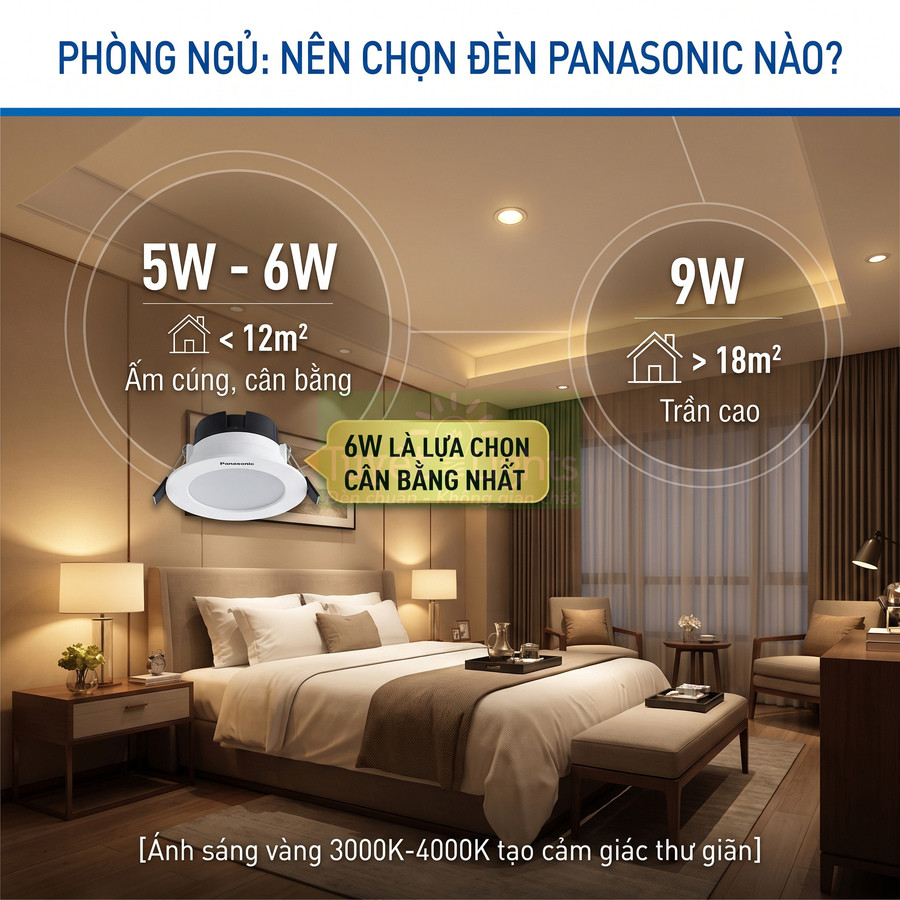 Đèn âm trần Panasonic cho phòng ngủ, gợi ý chọn công suất 5W 6W 9W theo diện tích và trần phòng