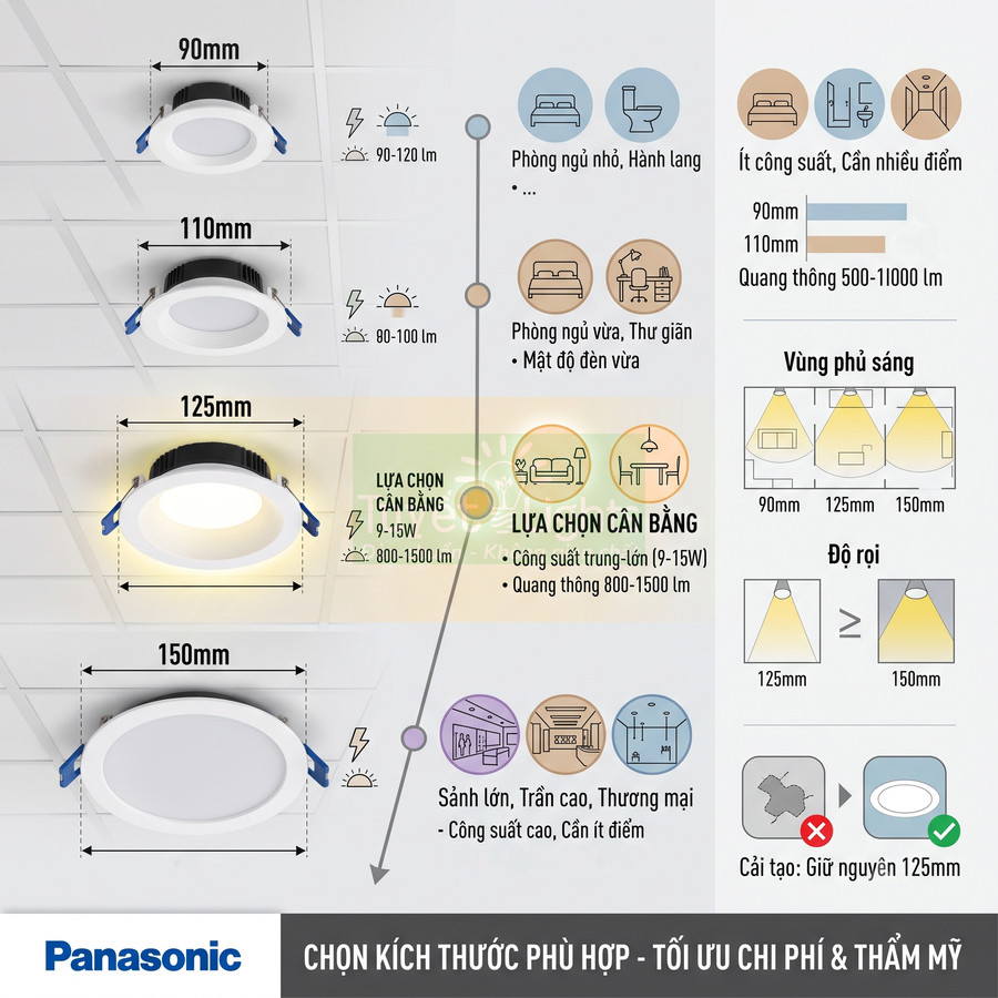 Đèn LED âm trần Panasonic nhiều kích thước 90mm đến 150mm và hướng dẫn chọn công suất, vùng chiếu sáng
