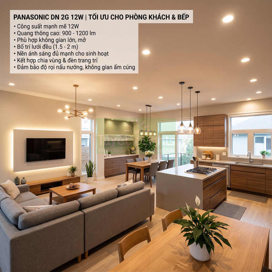 Đèn âm trần Panasonic DN 2G 12W chiếu sáng phòng khách và bếp không gian mở hiện đại