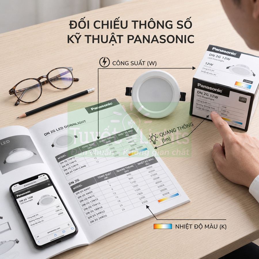 Đèn LED downlight Panasonic DN 2G 12W kèm hộp sản phẩm và bảng thông số kỹ thuật trên bàn làm việc