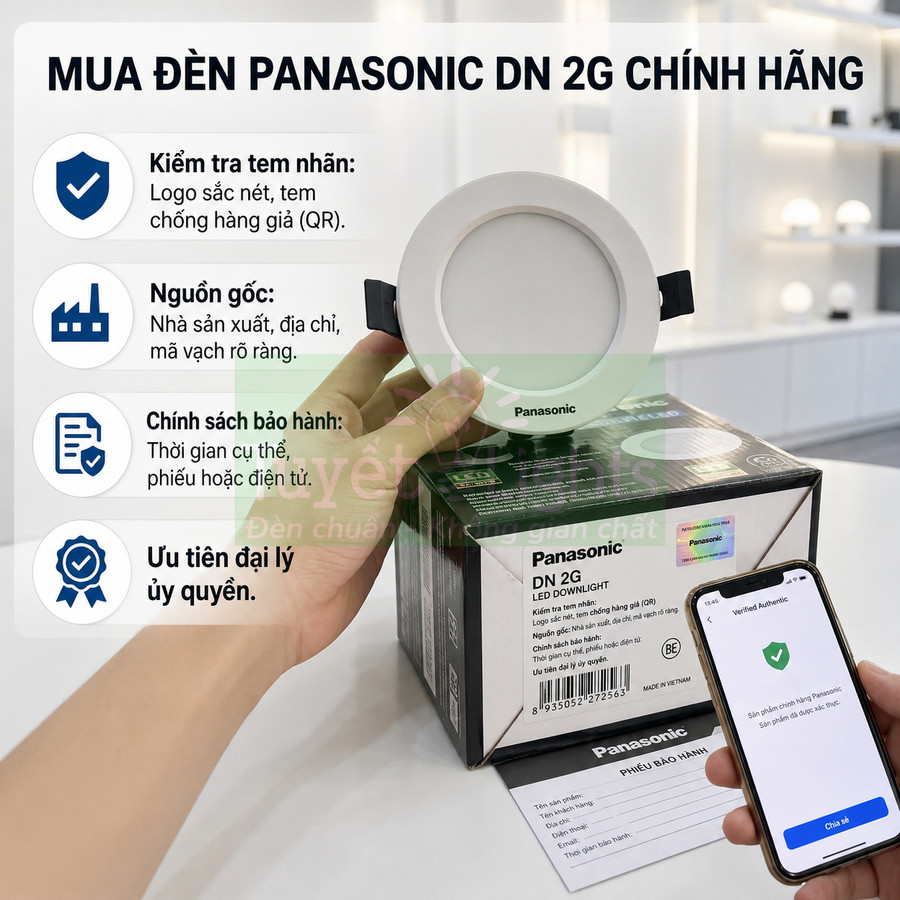 Đèn downlight Panasonic DN 2G chính hãng trên hộp sản phẩm, kiểm tra tem chống giả bằng điện thoại