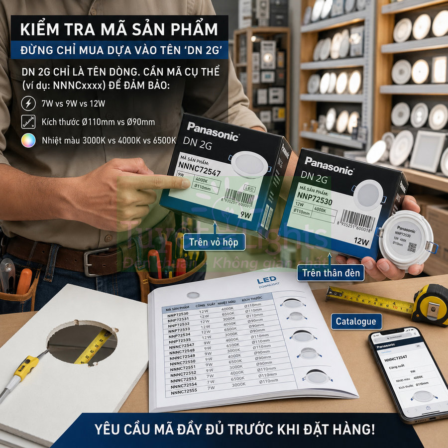 Đèn LED âm trần Panasonic DN 2G cùng hộp sản phẩm và catalogue hướng dẫn kiểm tra mã hàng