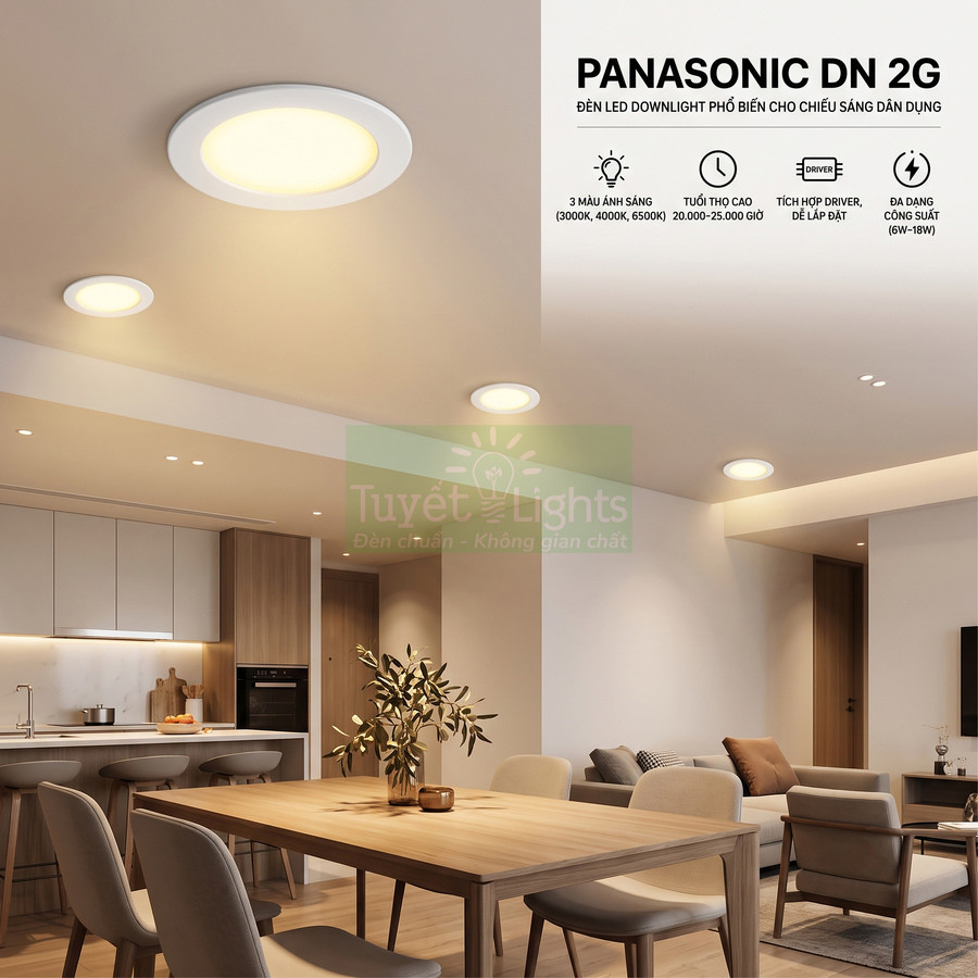 Đèn LED downlight Panasonic DN 2G lắp âm trần chiếu sáng phòng khách và bếp hiện đại