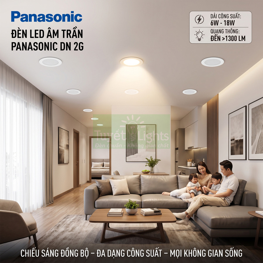 Đèn LED âm trần Panasonic DN 2G chiếu sáng phòng khách hiện đại có gia đình đang sinh hoạt