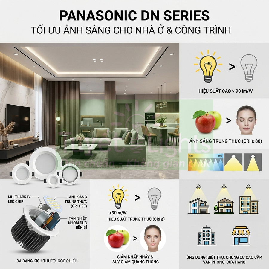 Đèn LED âm trần Panasonic DN Series chiếu sáng phòng khách hiện đại, hiệu suất cao, ánh sáng trung thực CRI ≥ 80