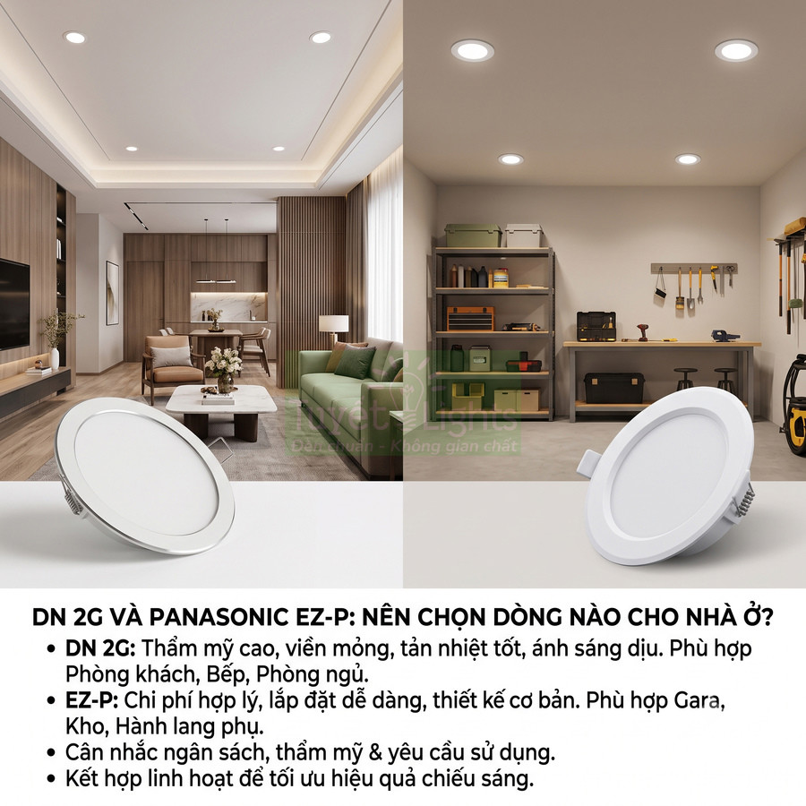 Đèn led âm trần Panasonic DN 2G và EZ P chiếu sáng phòng khách và gara nhà ở