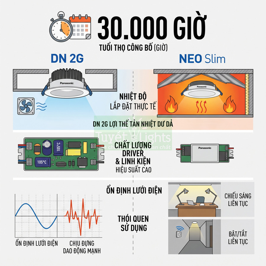 So sánh tuổi thọ 30000 giờ đèn âm trần Panasonic DN 2G và NEO Slim với ưu điểm tản nhiệt, driver và độ bền