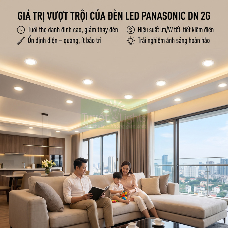 Đèn LED Panasonic DN 2G chiếu sáng phòng khách hiện đại, gia đình thư giãn trên sofa dưới ánh sáng ấm áp