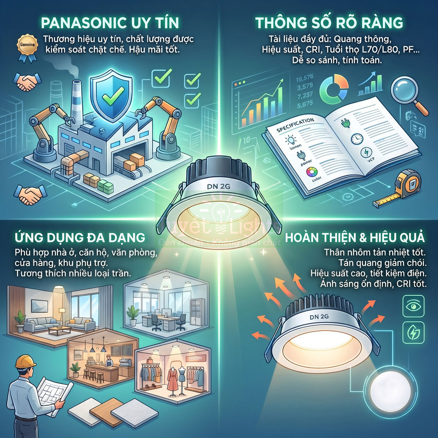 Đèn downlight âm trần Panasonic DN 2G chiếu sáng phòng khách, văn phòng, cửa hàng, tiết kiệm điện