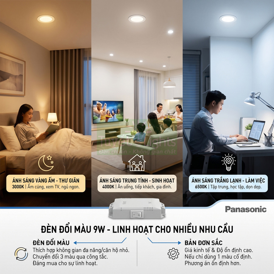 Đèn LED âm trần Panasonic 9W đổi màu cho phòng ngủ, phòng khách và góc làm việc