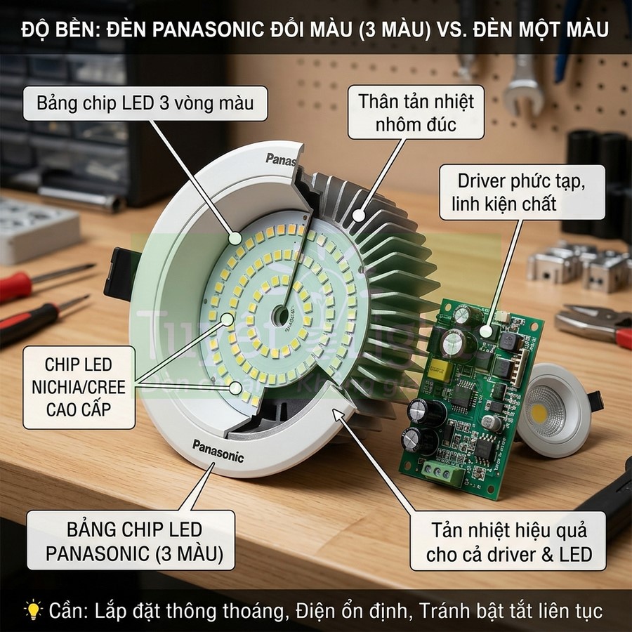 Đèn LED âm trần Panasonic ba màu với chip LED cao cấp và bộ tản nhiệt nhôm đúc trên bàn làm việc