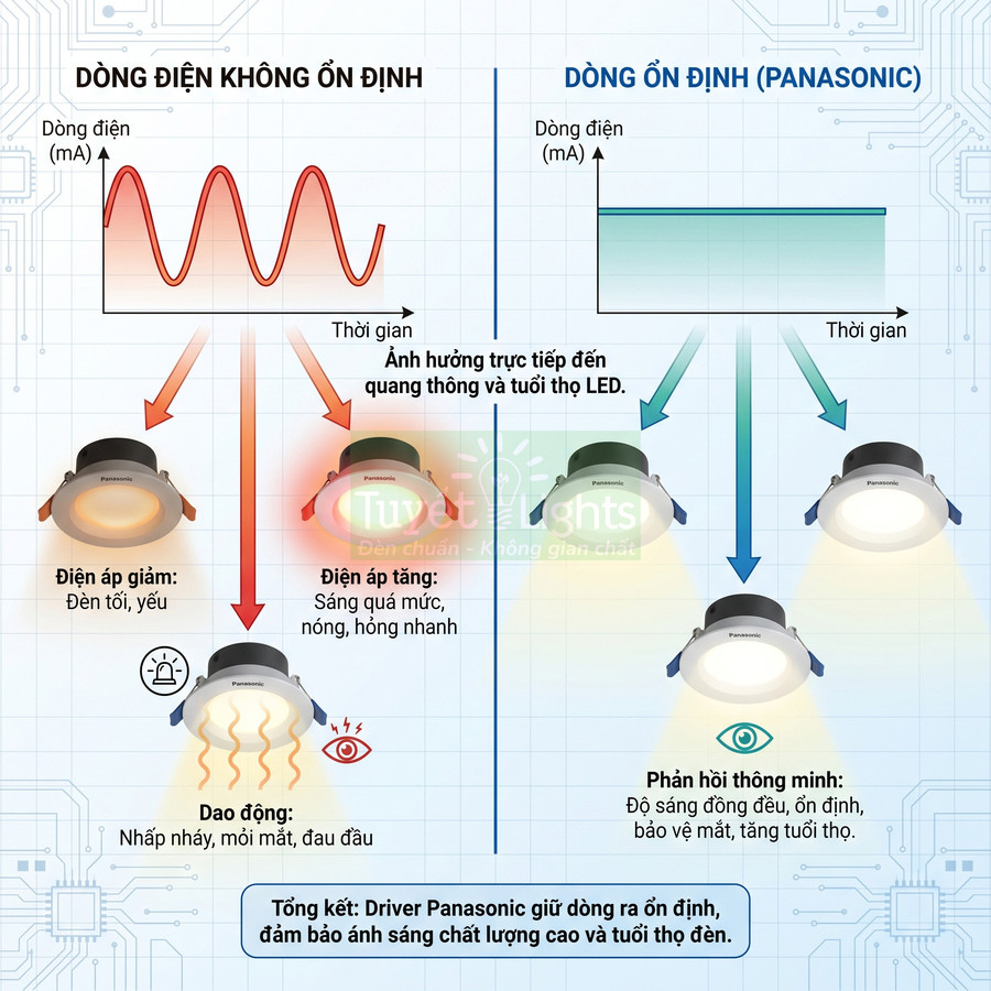 So sánh đèn LED âm trần Panasonic dùng driver dòng ổn định với đèn LED dòng điện không ổn định