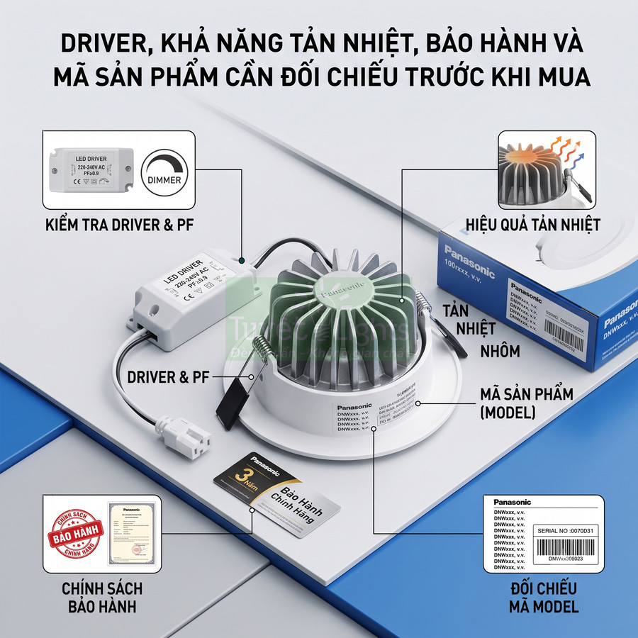 Đèn LED âm trần Panasonic với driver, tản nhiệt nhôm và thông tin bảo hành chính hãng