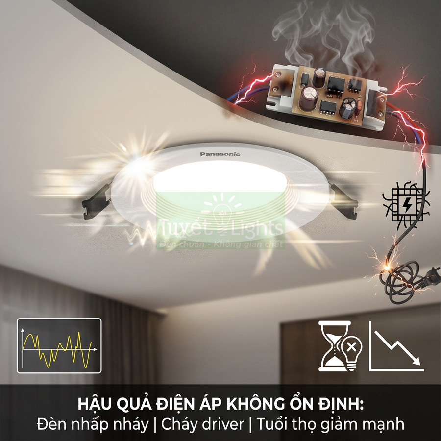 Đèn LED âm trần Panasonic bị ảnh hưởng bởi điện áp không ổn định gây nhấp nháy và cháy driver