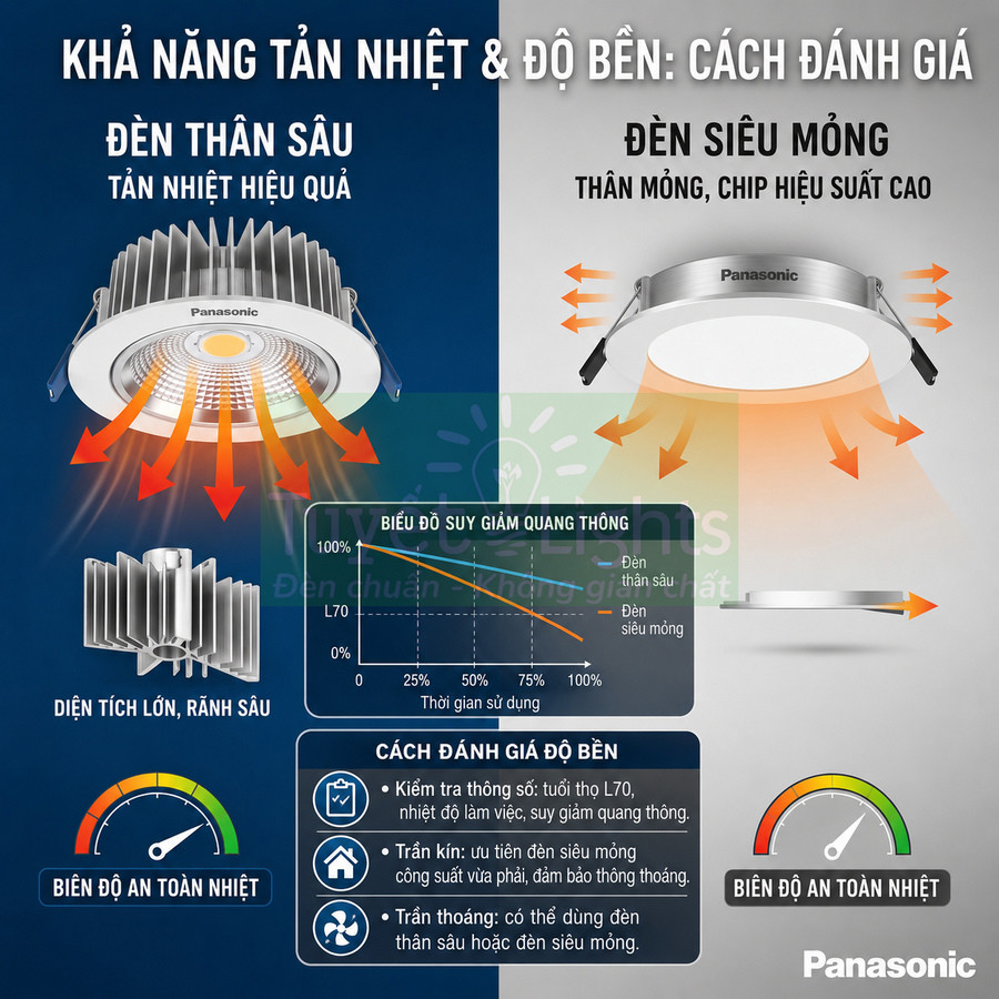 So sánh khả năng tản nhiệt và độ bền đèn LED âm trần Panasonic thân sâu và đèn siêu mỏng