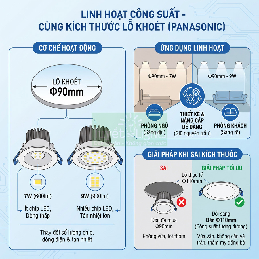 Đèn downlight âm trần Panasonic lỗ khoét 90mm, công suất 7W và 9W linh hoạt cho phòng ngủ và phòng khách