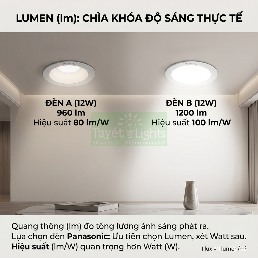 So sánh hiệu suất quang thông đèn LED âm trần Panasonic 12W của Tuyết Lights trong phòng khách