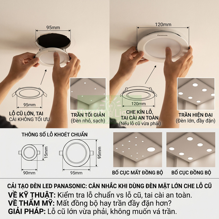 Đèn led âm trần Panasonic mặt lớn 120mm che kín lỗ cũ, lắp đặt trên trần nhà hiện đại