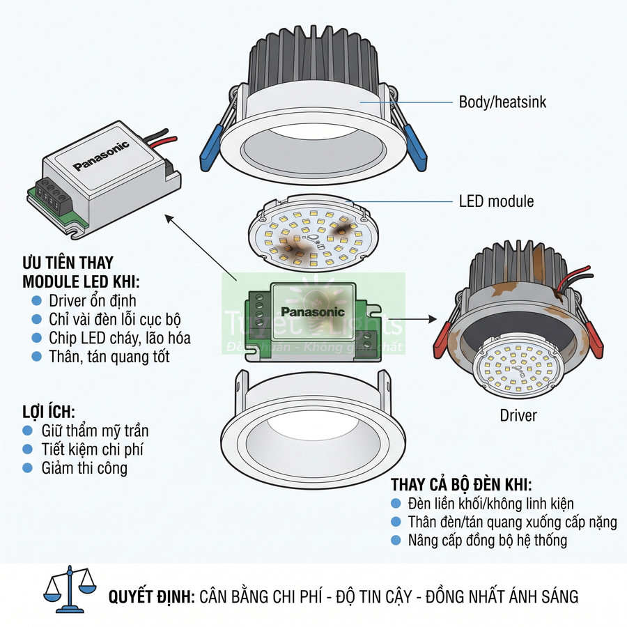Cấu tạo đèn LED âm trần Panasonic với driver, thân tản nhiệt và module LED có thể thay thế riêng