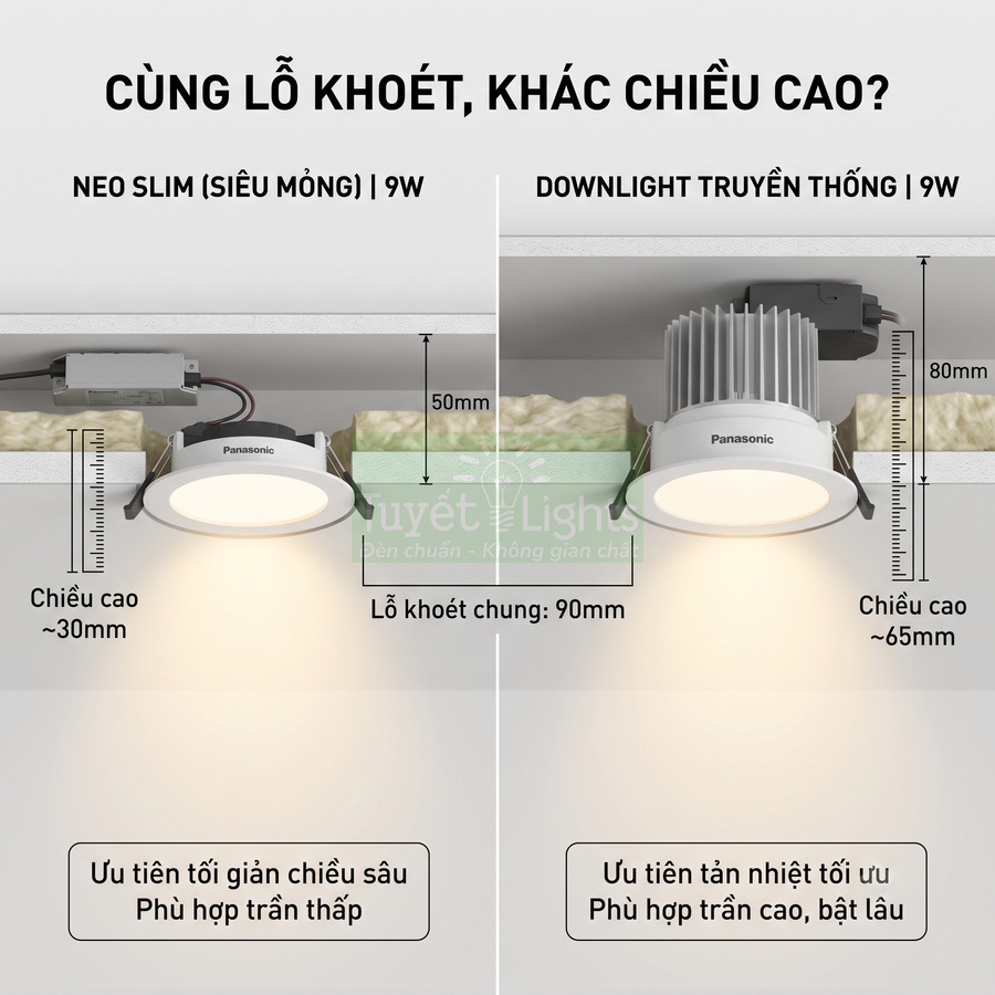 So sánh đèn downlight Panasonic Neo Slim siêu mỏng 9W và đèn downlight truyền thống 9W cùng lỗ khoét