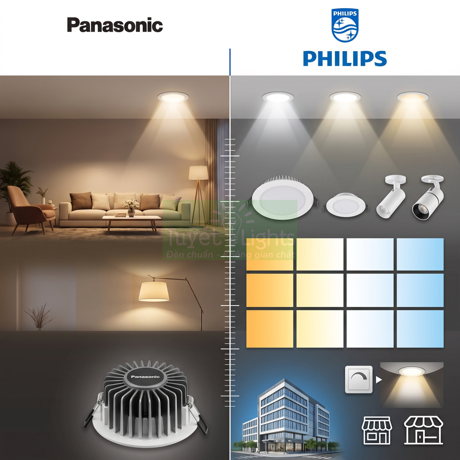 Đèn LED âm trần Panasonic và Philips chiếu sáng phòng khách, tòa nhà và cửa hàng với nhiều tông màu ánh sáng