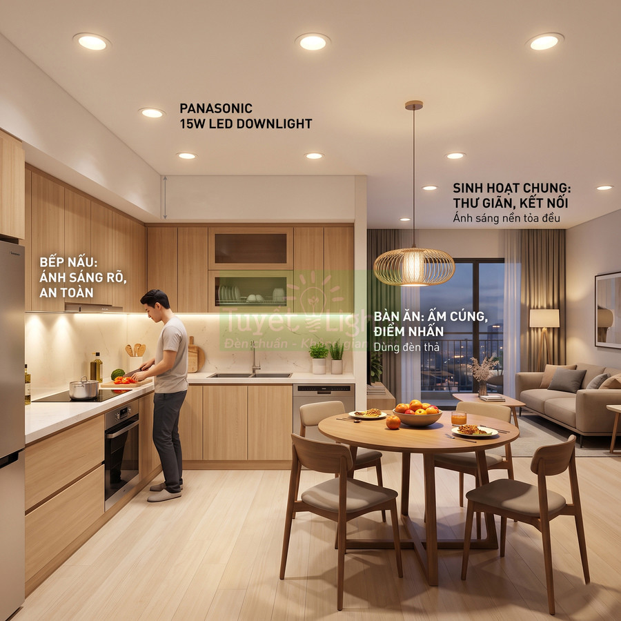 Đèn LED âm trần Panasonic 15W chiếu sáng phòng bếp và bàn ăn gỗ hiện đại trong căn hộ gia đình
