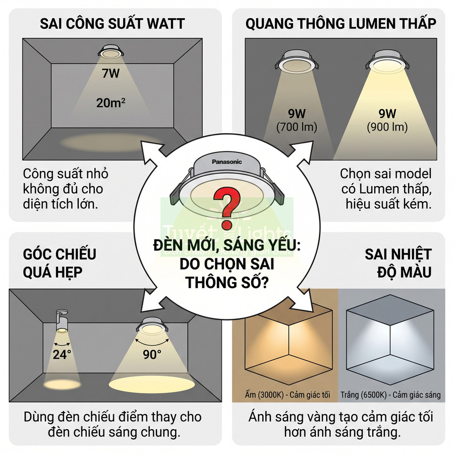 Infographic đèn LED âm trần Panasonic hướng dẫn chọn công suất, quang thông, góc chiếu và nhiệt độ màu phù hợp