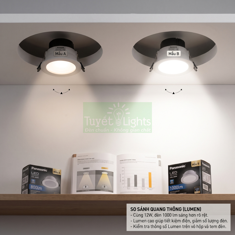 Đèn downlight âm trần Panasonic mẫu A và B chiếu sáng, kèm hộp sản phẩm và tài liệu so sánh quang thông