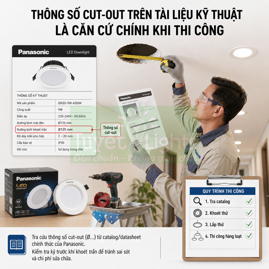 Đèn LED downlight Panasonic và thợ thi công đo kích thước lỗ khoét trần theo thông số cut out