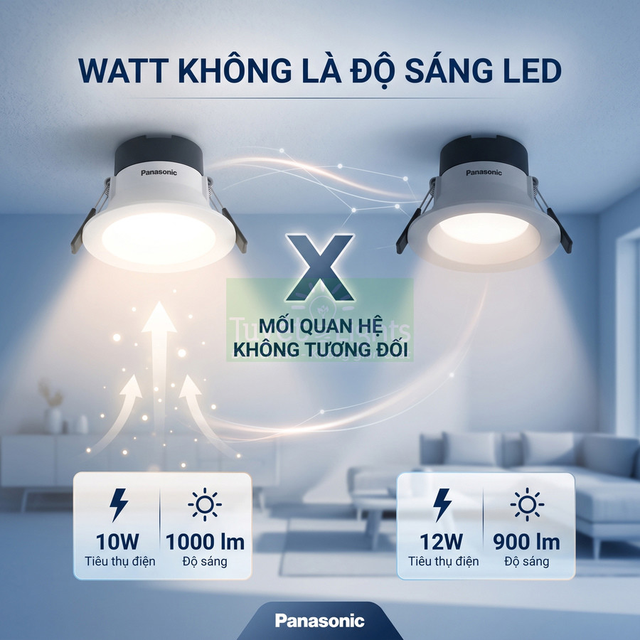 Đèn led âm trần Panasonic so sánh độ sáng 1000 lm 10W và 900 lm 12W trong phòng khách
