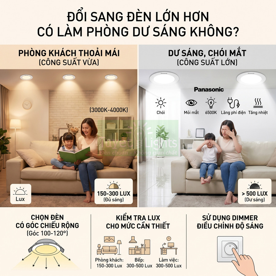 So sánh đèn âm trần Panasonic công suất vừa và lớn, minh họa độ sáng lux phù hợp cho phòng khách
