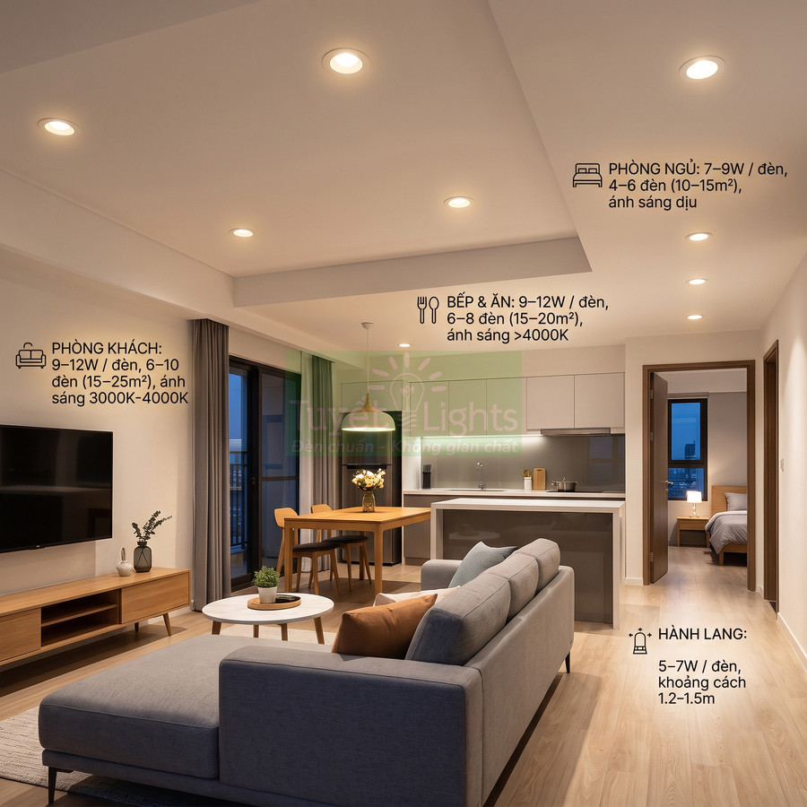 Đèn LED âm trần chiếu sáng phòng khách liền bếp và hành lang căn hộ hiện đại