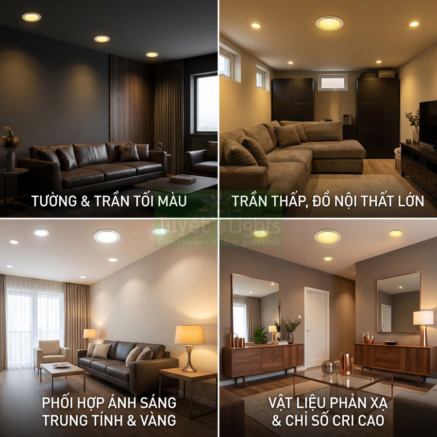 Đèn downlight âm trần chiếu sáng phòng khách hiện đại với nhiều kiểu phối màu và bố trí nội thất