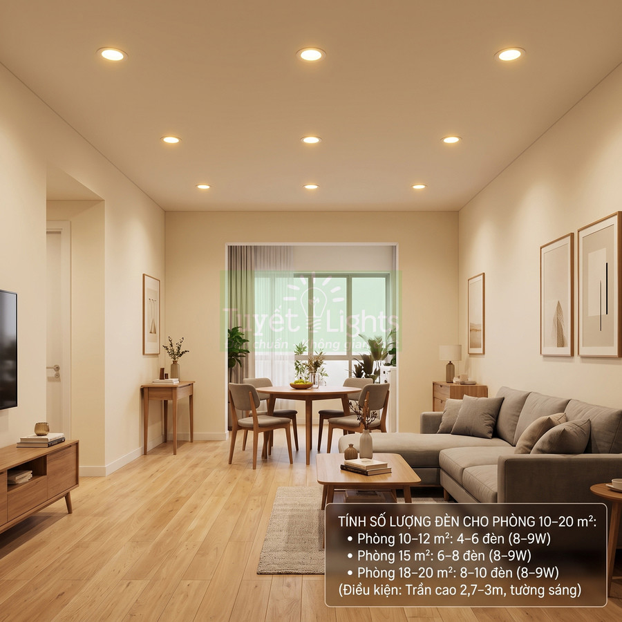 Phòng khách hiện đại sử dụng nhiều đèn led âm trần ánh sáng vàng của Tuyết Lights