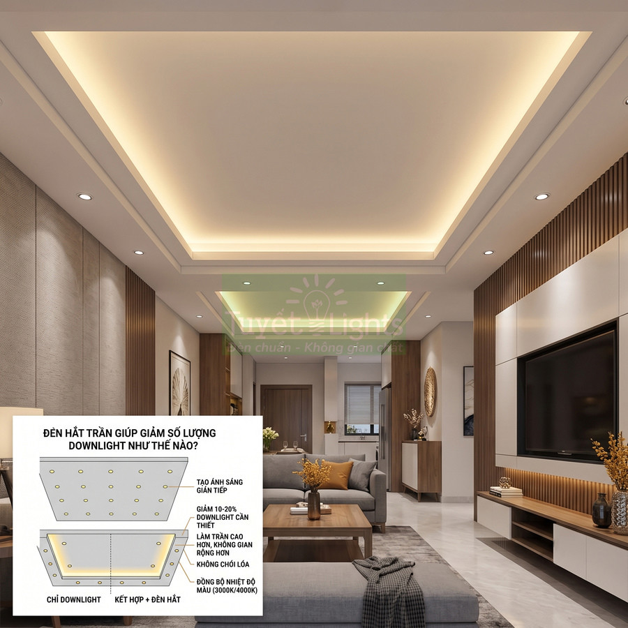 Đèn hắt trần phòng khách hiện đại kết hợp downlight âm trần tạo ánh sáng gián tiếp ấm áp