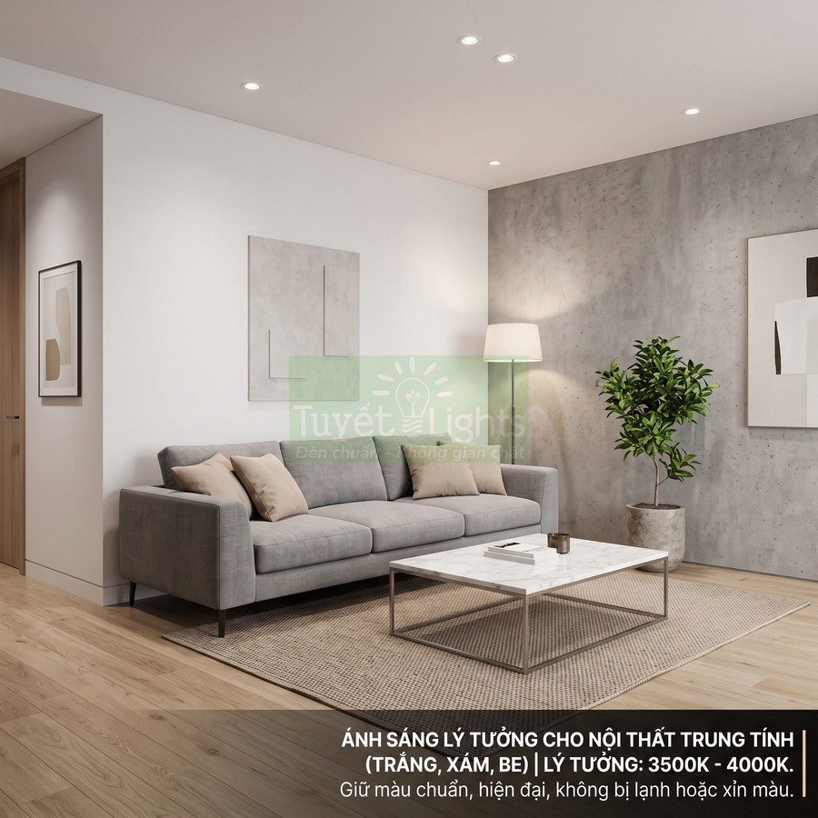 Phòng khách hiện đại với sofa xám, bàn trà mặt đá và đèn sàn Tuyết Lights ánh sáng trung tính