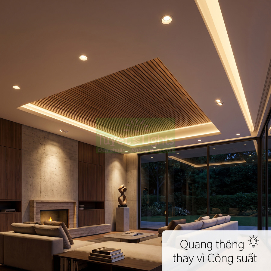 Phòng khách hiện đại với hệ thống đèn LED âm trần và đèn hắt trần chiếu sáng ấm áp