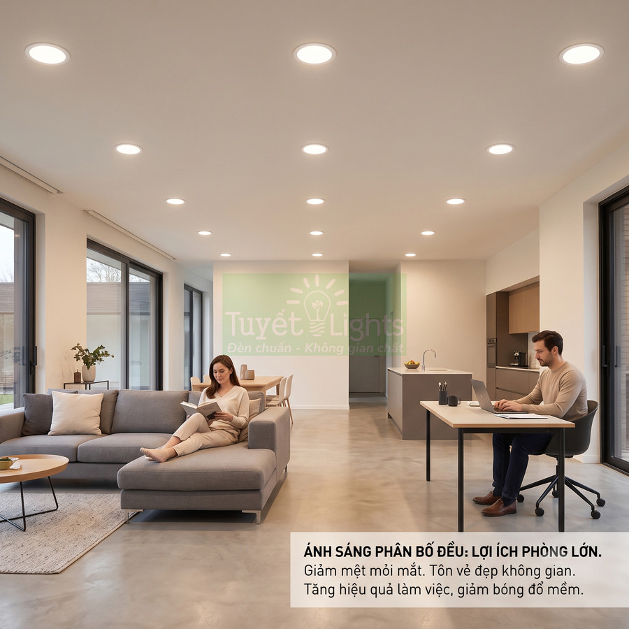 Đèn âm trần LED Tuyết Lights chiếu sáng đều cho phòng khách liền bếp hiện đại, tạo không gian làm việc và thư giãn thoải mái