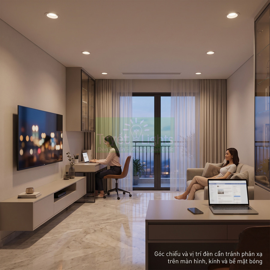 Đèn downlight âm trần chiếu sáng phòng khách hiện đại với bàn làm việc và sofa