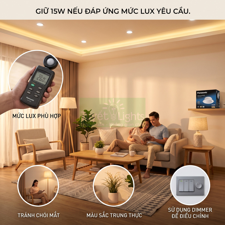 Đèn LED âm trần Panasonic 15W chiếu sáng phòng khách ấm áp, chống chói, điều chỉnh độ sáng bằng dimmer