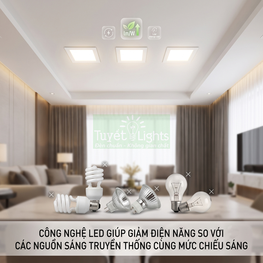 Đèn LED âm trần Tuyết Lights chiếu sáng phòng khách hiện đại, tiết kiệm điện so với bóng đèn truyền thống