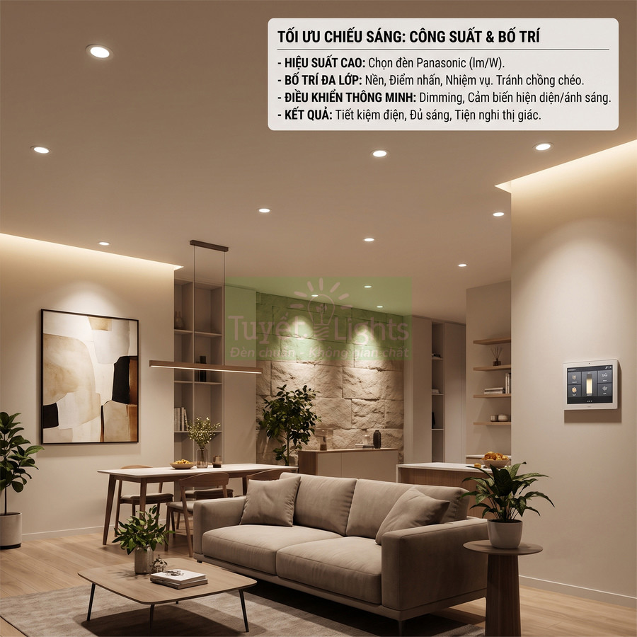 Phòng khách hiện đại sử dụng đèn âm trần Panasonic và công tắc điều khiển thông minh tối ưu chiếu sáng